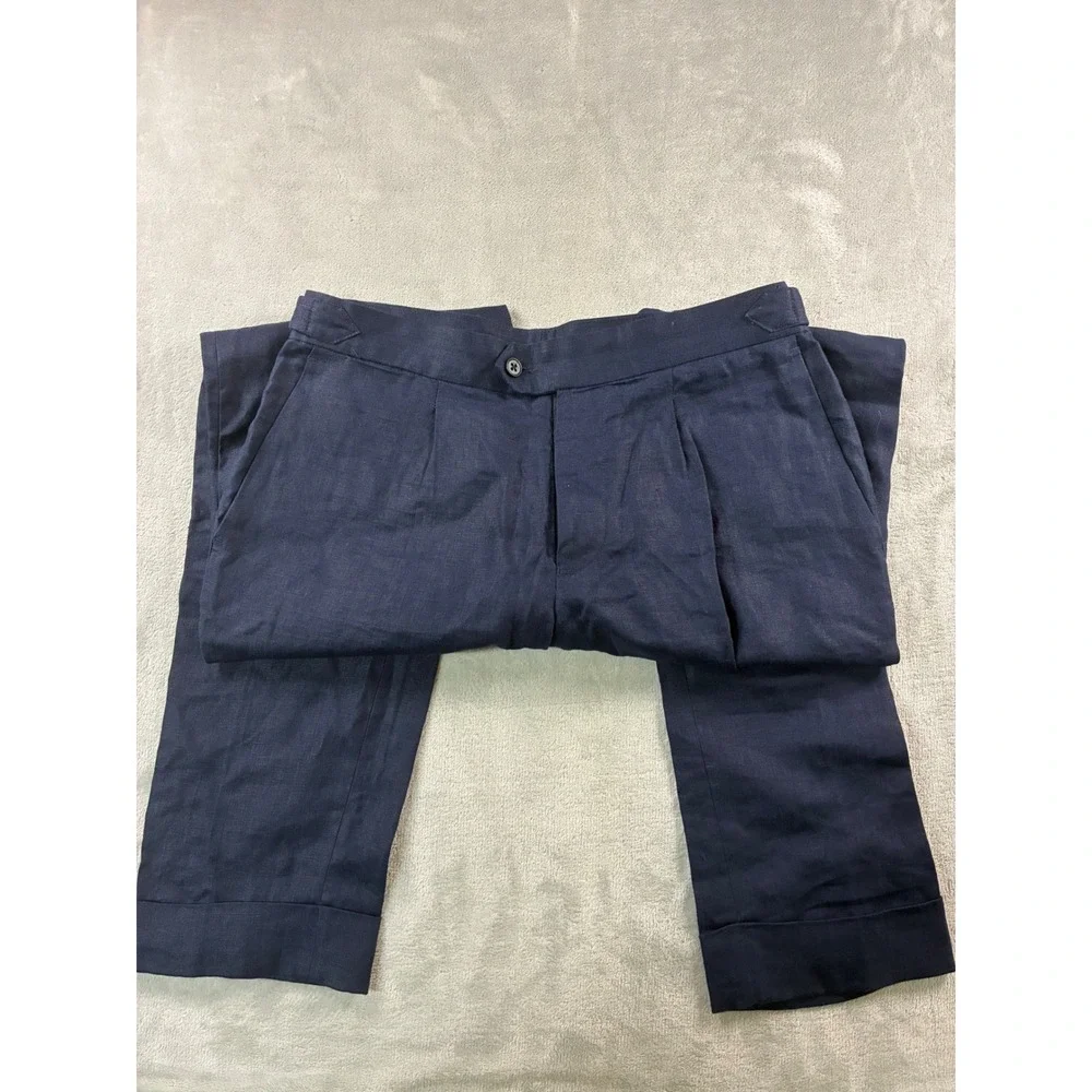 Collars & Co Mens Navy Blue 100% Linen Pleated Side Adjuster Trousers 30x32